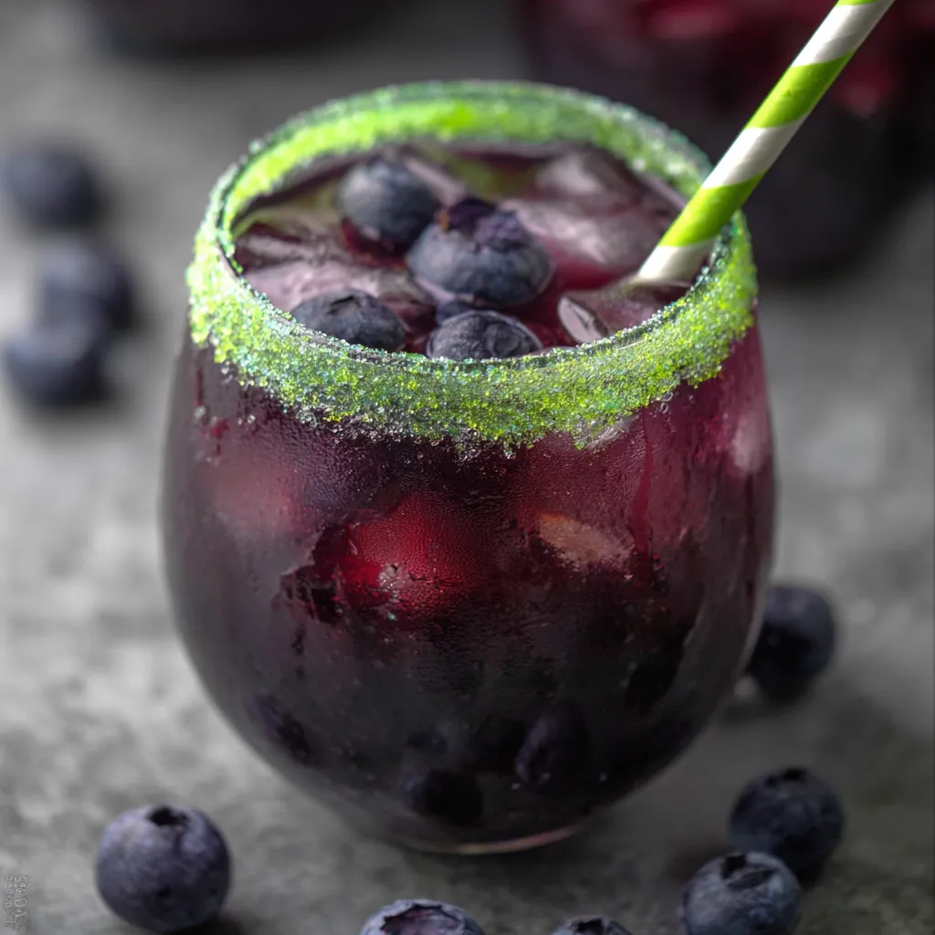 Drunk Witch Halloween Mocktail - Spooky Purple Blueberry Drink with Green Sugar Rim - secondary view